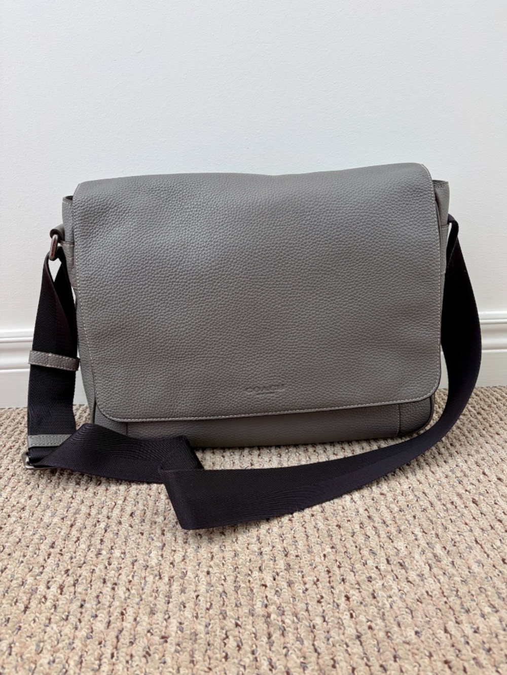 Coach messenger bag, grey pebbled leather, like-new